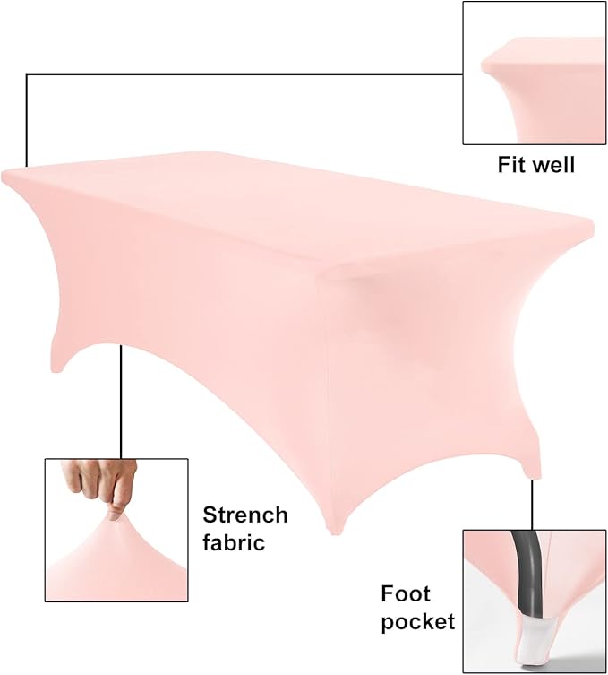 2Pack Spandex Waterproof Table Covers 8ft,Spandex 8ft Waterproof Table Cover for Party,Wedding, Banquet, and Events(Blush Pink)