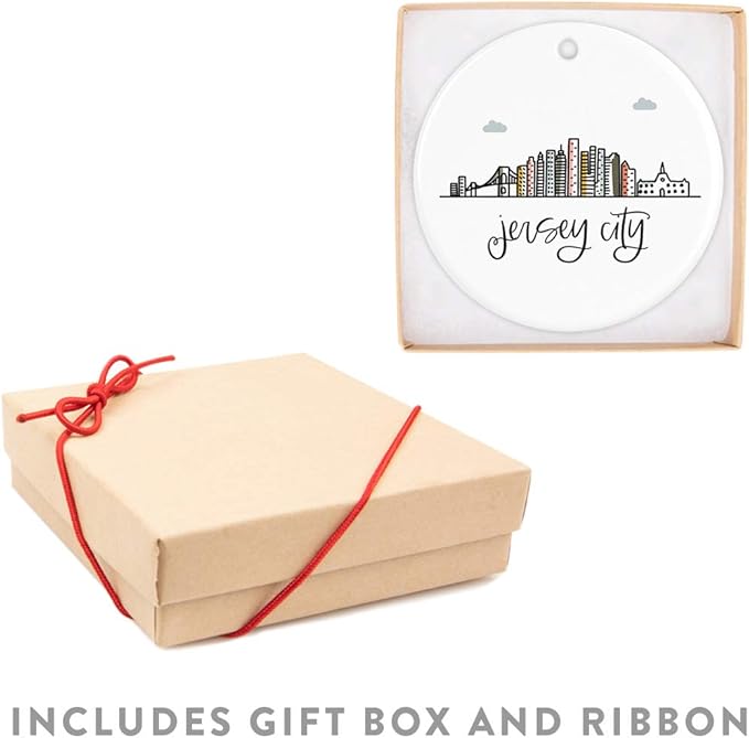 Andaz Press Round Ceramic Porcelain Christmas Tree Ornament Keepsake Gift, Jersey City, Colorful City Skyline Graphic, 1-Pack, Birthday Ideas Family Coworker Him Her, Includes Gift Box