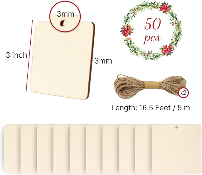 50 Pcs Square Wooden Tags, 3x3 Inch Unfinished Square Wood Slices Blank Square Wooden Slices with Holes, with Jute Twines for Sign Tags Home Party Hanging Decoration