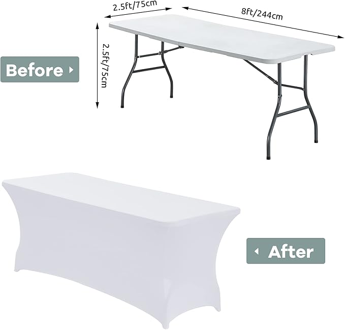 CWK 8FT Waterproof Stretch Spandex Table Cover for Rectangular Tables - Elastic Fitted Tablecloth for Folding Tables,Wrinkle Resistant Table Cloth for Parties, Weddings, Banquets & Events (White)