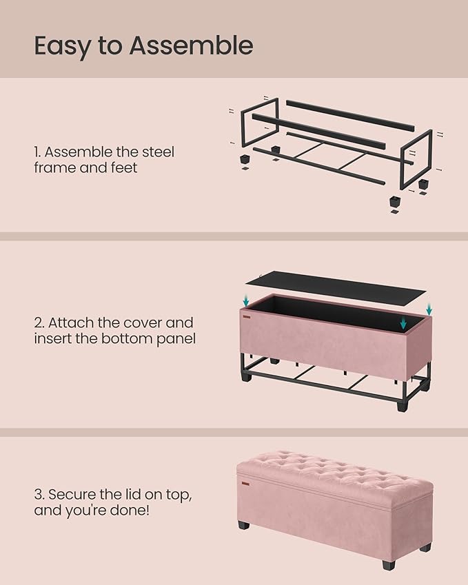 SONGMICS Velvet Storage Ottoman Bench, Foot Rest with Legs, 15.7 x 43 x 15.7 Inches, End of Bed Bench, Storage Chest, Load up to 660 lb, for Living Room, Bedroom, Entryway, Jelly Pink ULSF089R01