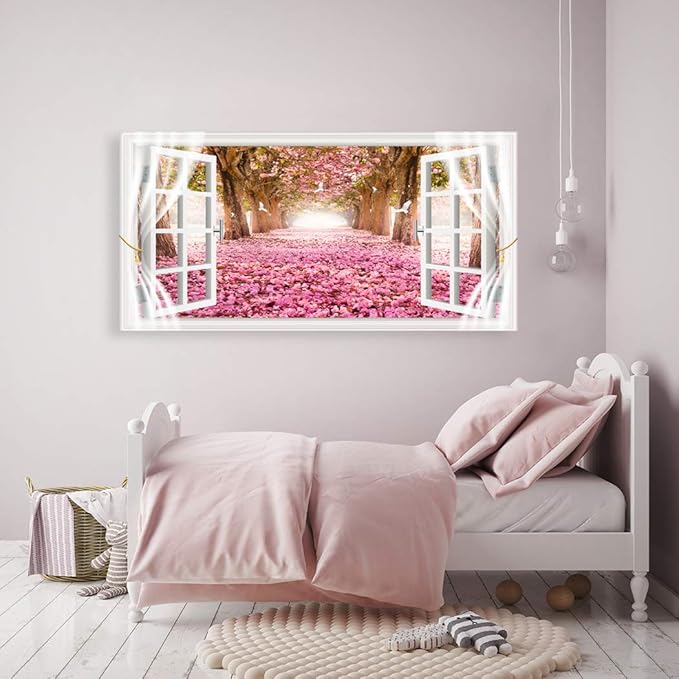 AH40162 Wall Art CanvasTrees and Pink Rose Paintings Printed Pictures Stretched and Framed Canvas Paintings Ready to Hang for Home Decorations Office Wall Decor Artwork