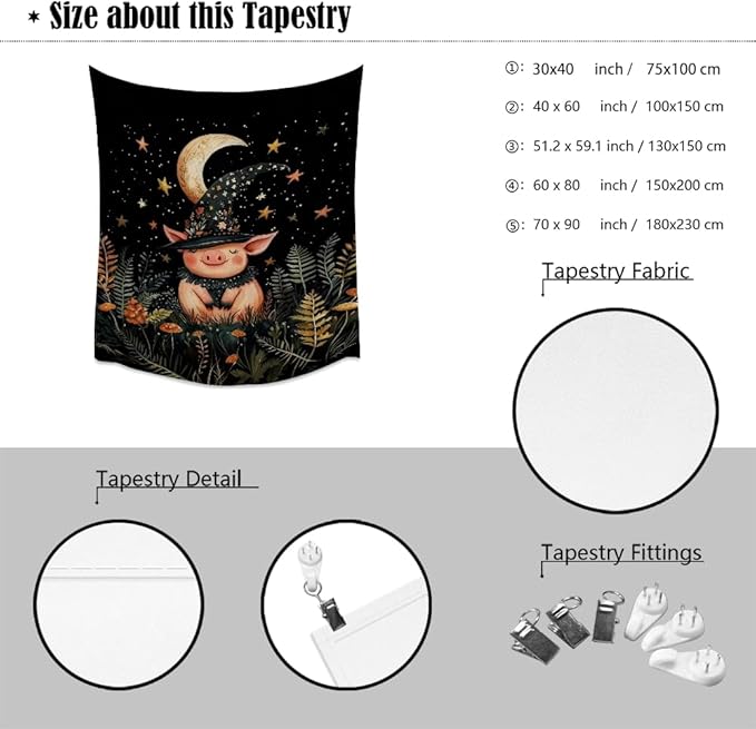 Whimsical Witch Pig Tapestry Wall Hanging Cute Farmhouse Animal Tapestry Aesthetic Moon and Stars Pictures Print Cottagecore Witchy Halloween Artwork Tapestries Decor for Living Room Bedroom 30x40inch