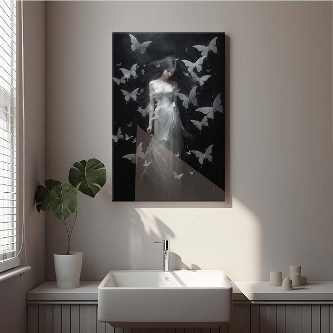 Vintage Gothic Feminine Canvas Wall Art Print Butterfly Poster Moody Female Wall Art Retro Artwork Dark College Decor for Home Bedroom24x36in Wood Framed