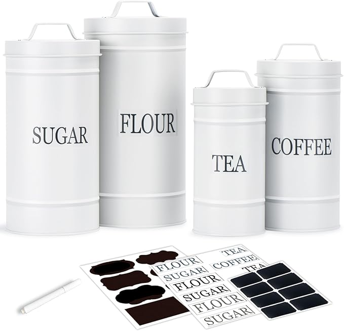Farmhouse Canister Set for Kitchen Countertop, Airtight Nesting Kitchen Canisters Set of 4, Mental Flour Sugar Coffee Tea Storage Canister Jars, Vintage Country Design, White