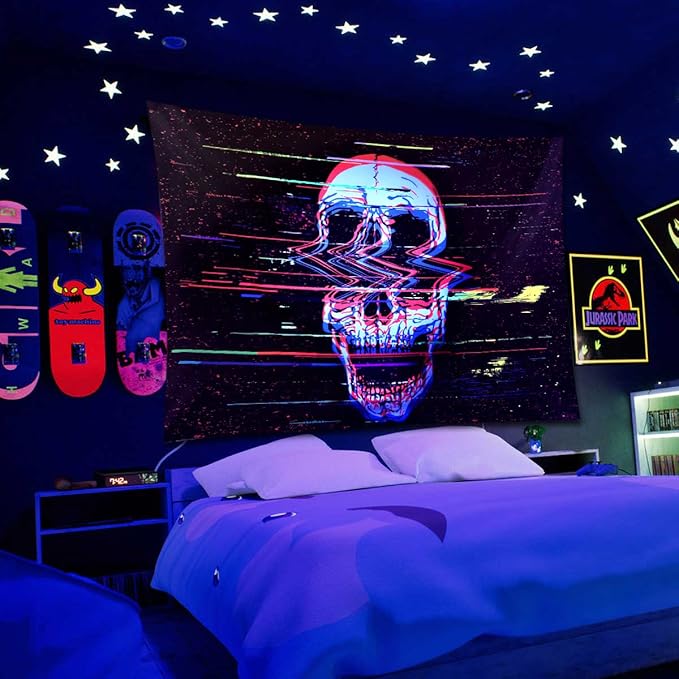 ADDWel Blacklight Skull Tapestry, Black Psychedelic Tapestry Glow In The Dark, UV Reactive Black Light Tapestries Posters Wall Hanging for Bedroom Living Room Dorm Party Backdrop Decor(60 * 80inches)