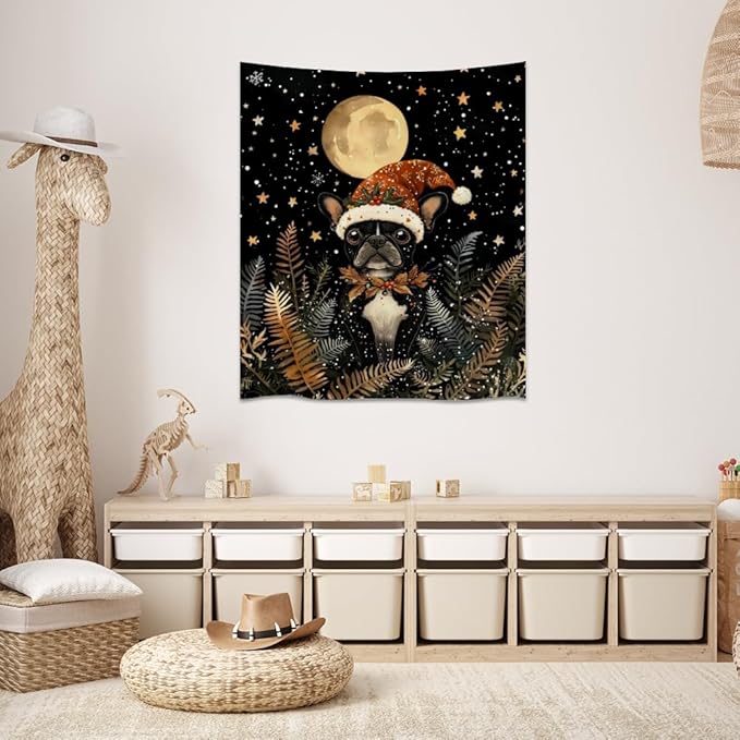 French Bulldog Christmas Tapestry Wall Hanging Cute Dog Santa Hat Moon Pictures Print Pet Lover Gift Funny Christmas Tapestries Aesthetic for Winter Home Nursery Kids Bedroom Decor 70x90inch