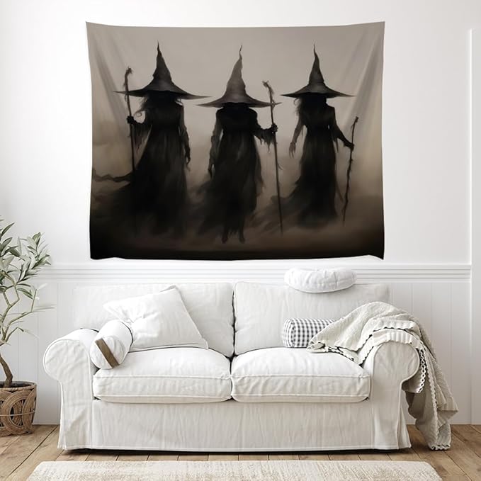 Witch Tapestry Witchy Halloween Decor Vintage Three Witches Bedroom Tapestries Retro Art Aesthetic Wall Tapestry for Bedroom Dorm Living Room white