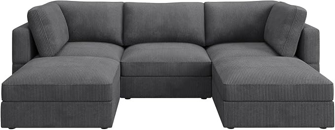 HONBAY Modular Sectional Sofa with Storage Corduroy U Shaped Sofa Modular Sectional Couches for Living Room,Dark Grey
