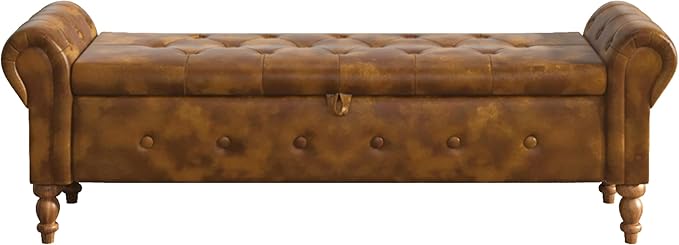 Storage Ottoman Bench for Bedroom, 52" Leather End of Bed with Rolled Arms, Upholstered Ottoman Fit for Living Room, Entryway, Faux Leather Brown