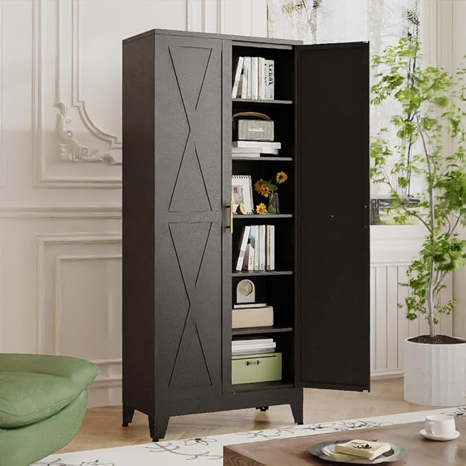 75" Tall Metal Kitchen Pantry Storage Cabinet, Freestanding Cupboard with 2 Doors and 5 Adjustable Shelves, Standing Storage for Kitchen, Bathroom, Garage, Dinning Room or Utility Room(Black)