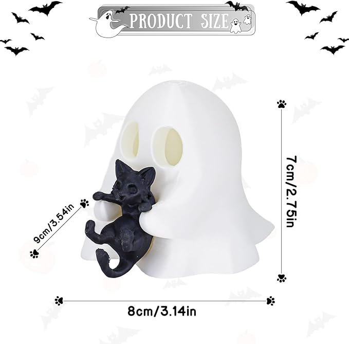 1 Pcs Halloween Ghost Figurine Cute Desktop Ornament Cute Cartoon Little Ghost Hugging Kitten Designs Resin Spooky Halloween Statue for Home Offince Art Display Decor Suppies