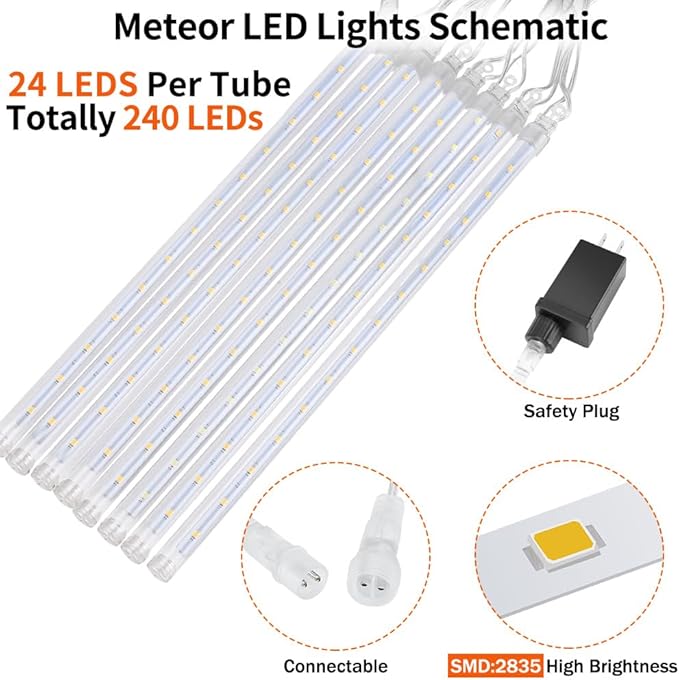 2 Pack Christmas Meteor Shower Rain Lights 12inch, 20 Tube 480 LEDs Icicle Outdoor Raindrop for Xmas Halloween Wedding Party Tree Holiday Decoration, Warm White