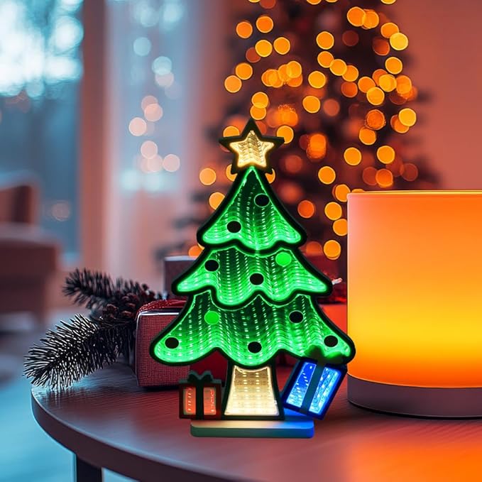 MEETYAMOR Christmas Decorations Indoor, Christmas Tree Infinity Mirror Tunnel Light - 3D Endless Extension LED Night Lamp, USB Powered Colorful Table Centerpiece for Bedroom, Living Room Home Decor