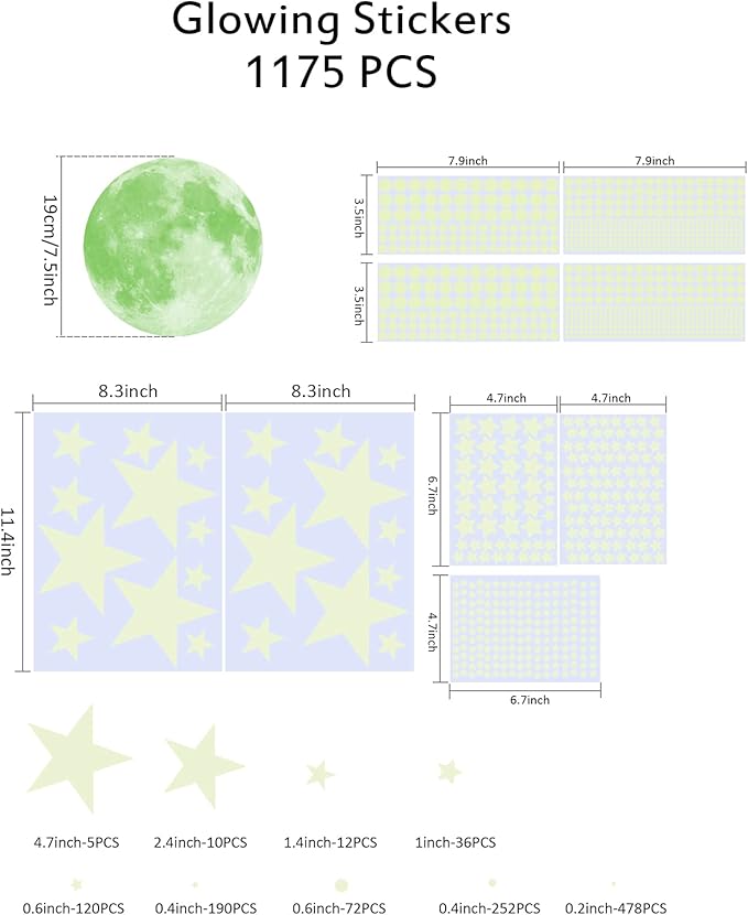 1049 Pieces Luminous Sticker Wall Decal Luminous Stars self-Adhesive Children's Room Wall Stickers Moon and Stars Fluorescent Wall Stickers, Stickers for Children's Rooms Girls Decorative
