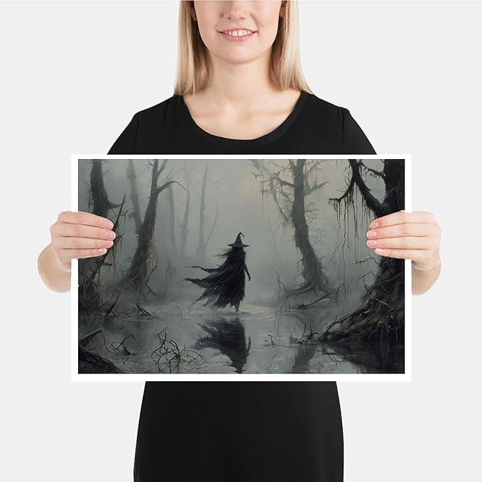 Vintage rustic swamp witch poster dark moody wall art gothic horror season halloween print for home decor retro dark moody painting28x40in Wood Framed