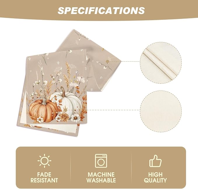 Artoid Mode Pumpkins Leaves Flowers 210 GSM Fall Table Runner, Seasonal Autumn Kitchen Dining Table Decoration for Home Party Decor 13x72 Inch