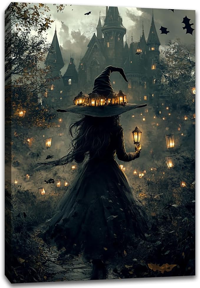 Halloween Witch and Haunted House Canvas Wall Art,Dark Academia Scary Witch Castle Posters Prints,Thriller Horror Gothic Wall Decor Pictures for Halloween Party House Decoration,8"x12" Framed