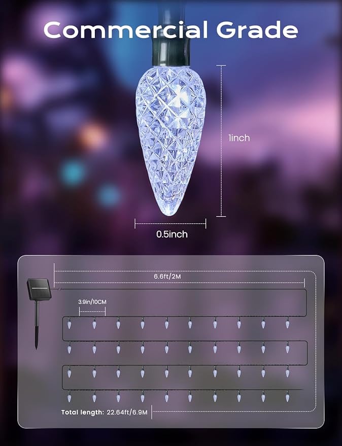 Brightown Solar Operated C6 Strawberry String Lights, 39ft 100 LEDs White LED Christmas Fairy Lights, Solar Christmas Light Outdoor, Christmas Decorations for Christma Tree, Garden Decor