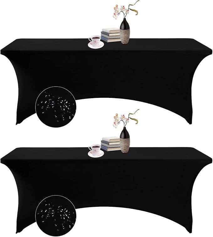 2Pack Spandex Waterproof Table Covers 8ft,Spandex 8ft Waterproof Table Cover for Party,Wedding, Banquet, and Events(Black)