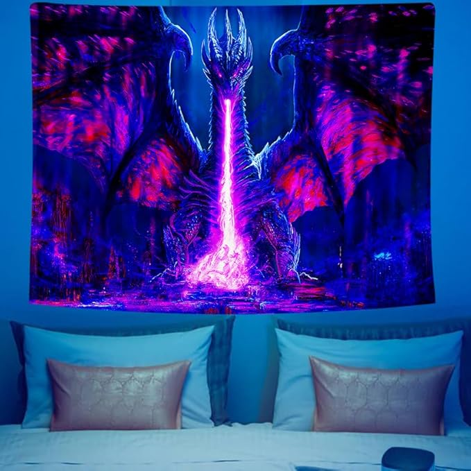 ADDWel Blacklight Dragon Tapestry, Cool Evil-Dragon Tapestry Glow In The Dark, UV Reactive Black Light Posters Wall Hanging for Bedroom Dorm Living Room Backdrop Decor