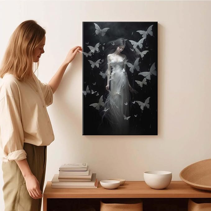 Vintage Gothic Feminine Canvas Wall Art Print Butterfly Poster Moody Female Wall Art Retro Artwork Dark College Decor for Home Bedroom12x16in Wood Framed
