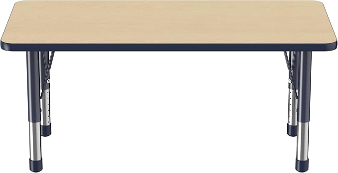 FDP Rectangle Activity School and Kids Classroom Table (24 x 48 inch), Toddler Legs, Adjustable Height 15-24 inches - Maple Top and Navy Edge