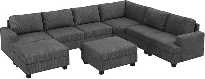 Nolany U Shape Oversized Corduroy Modular Sectional Sofa with Storage Ottoman, Dark Grey