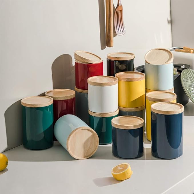 Sweejar Kitchen Canisters Ceramic Food Storage Jar, Stackable Containers with Airtight Seal Wooden Lid for Serving Ground Coffee, Tea, Sugar, Salt and More - 16 Fl Oz (Jade)