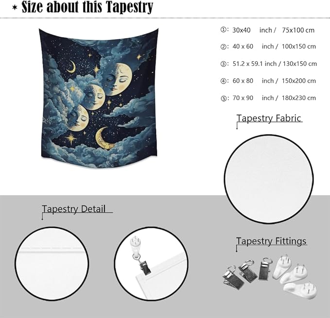 Blue Moon Faces Tapestry Celestial Wall Art Dark Academia Aesthetic Print Stars Clouds Tapestries Wall Hanging whimsical Gothic Home Decor for Bedroom Living Room 60x80inch