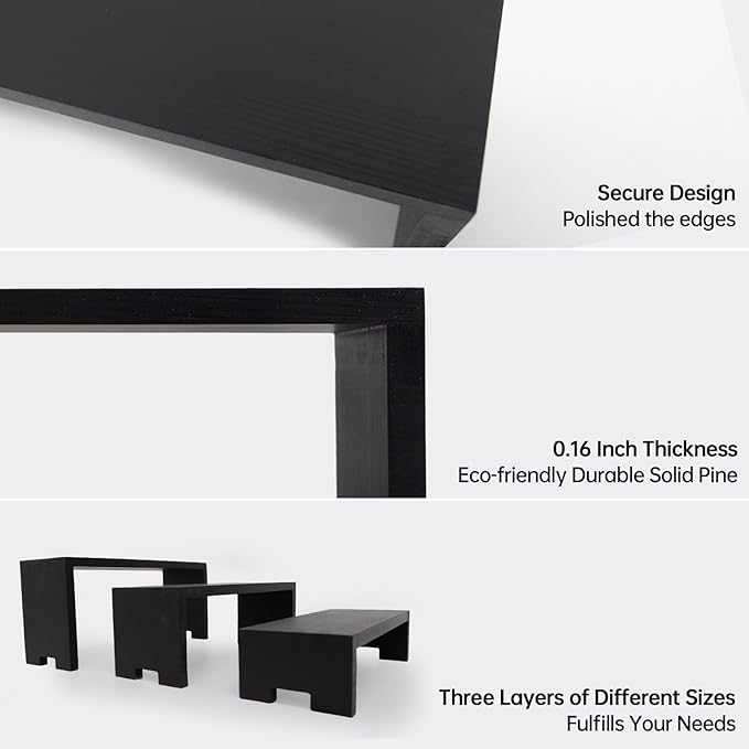 Display Wood Risers Wooden Stand 3 Tier 4 Set 12 Pieces Wood Racks Decorative Rectangular, Cupcake Stands Cologne Perfume Organizer Showcase Items(New Black)