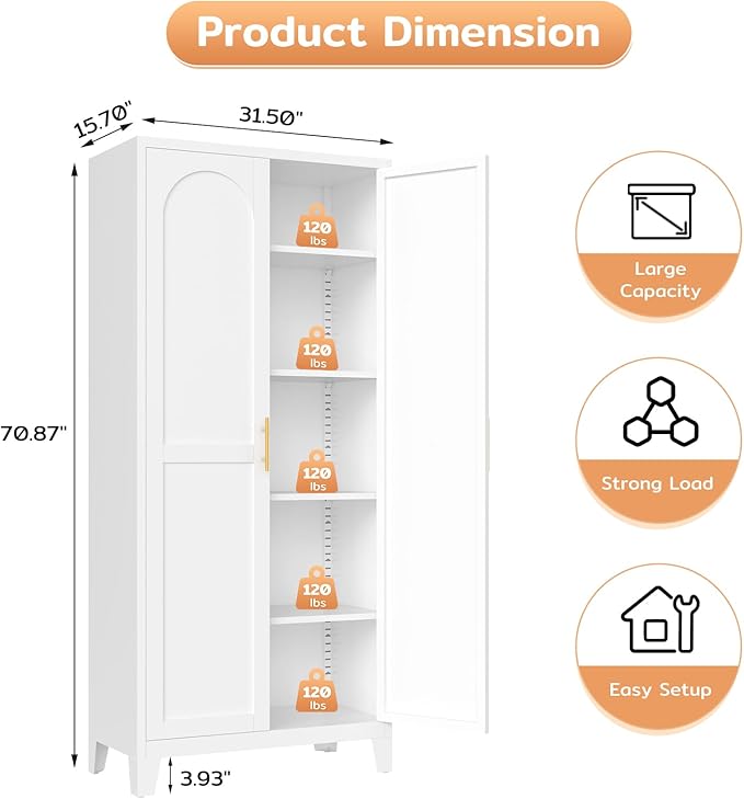 70.87" H Metal Kitchen Pantry Cabinet, Freestanding Cupboard with 2 Doors and 4 Adjustable Shelves, Tall Metal Storage Cabinet for Kitchen, Bathroom, Dinning Room or Laundry Room (White)