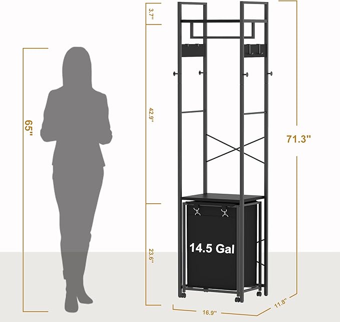 Coat Rack with Laundry Basket, Laundry Hamper Freestanding Hall Tree, Clothes Rack with Storage Shelves, 14.5 Gal Removable Bags on Wheels, Black JLH005B