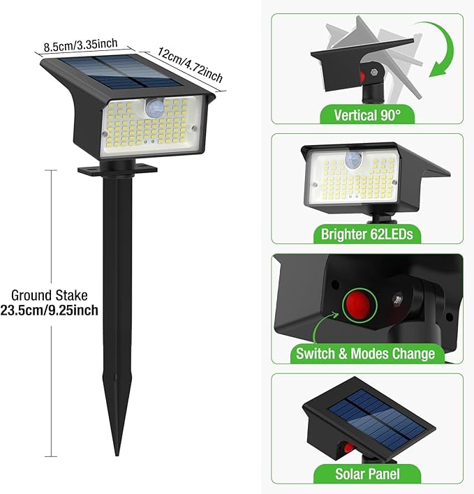 Nipify Solar Spot Lights, 3 Modes 62LED Outdoor Motion Sensor, Waterproof 2-in-1 Solar Landscape Lighting LED Garden Lights for Outside Yard Wall Pathway Walkway, 1 Pack