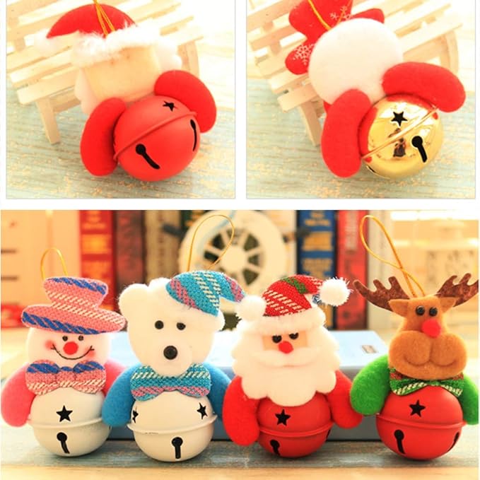 Happy Trees Christmas Tree Plush Ornaments Set for Xmas Home Party Decor, Christmas Hanging Snowman Elk Santa Claus Polar Bear Decorations with Metal Bells, 8 Pcs (Set of 8)