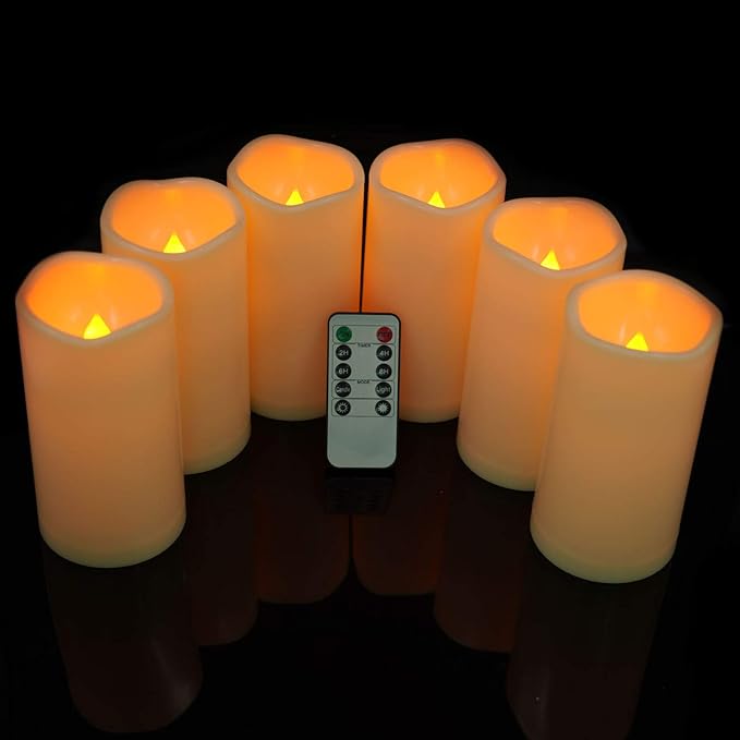 Amagic 3" x 6" Outdoor Waterproof Flameless Candles, Battery Operated Candles with Remote and Timer, Flickering Electric LED Pillar Candle for Outdoor Patio, Garden, Indoor Room Decor, Ivory, Set of 6
