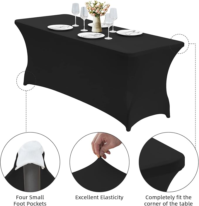 CWK 6FT Waterproof Stretch Spandex Table Cover for Rectangular Tables - Elastic Fitted Tablecloth for Folding Tables,Wrinkle Resistant Table Cloth for Parties, Weddings, Banquets & Events (Black)