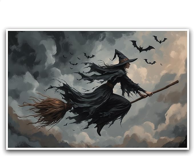 Witch and bat flying Halloween poster suitable for home party wall decoration retro Halloween preppy style wall art canvas print suitable for room decoration12x16in Wood Framed