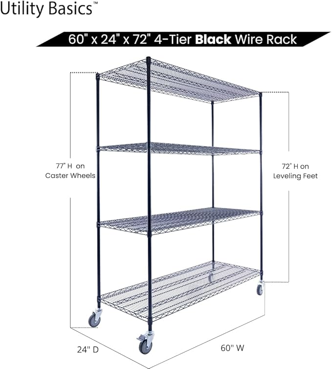 60"x24"x72" Premium Metal Steel 4-Tier Wire Shelving NSF 3200 LBS MAX Capacity Heavy Duty Storage Rack for Hospitals, Schools, Commercial Spaces, and Garages w/Premium Wheels