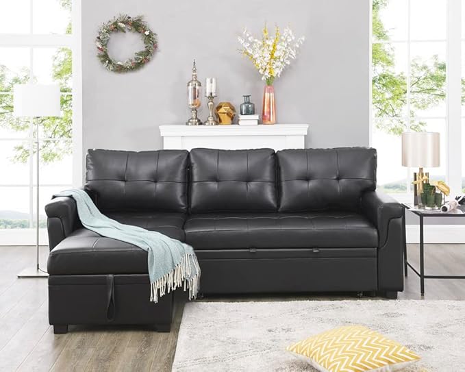 Naomi Home Jenny Sectional Sofa Sleeper with Storage Chaise, Tufted Pull Out Couch with Storage, L-Shaped Reversible Sleeper Sofa with Storage, Black,Air Leather