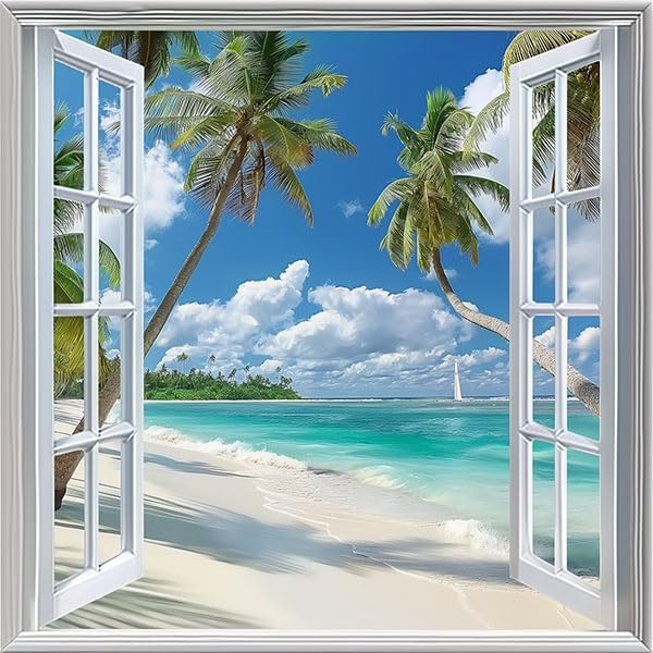 Beach Blackout Curtains for Girls Boys Teens Home Decor, Tropical Summer Scene Ocean Island Palm Tree Grommet Thermal Insulated Drapes Darkening Window Curtain for Bedroom Living Room, 84 x 84 Inch