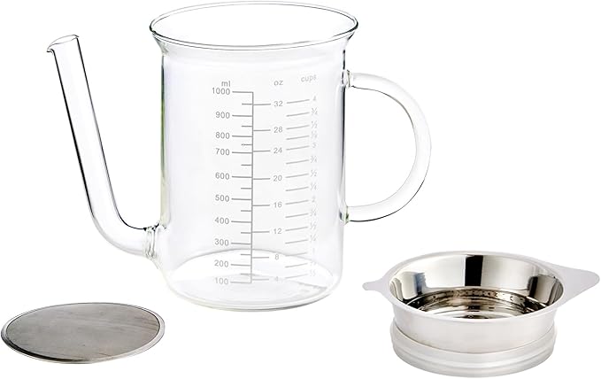 HIC Kitchen Roasting Fat Separator With Gravy Strainer, Borosilicate Glass 18/8 Stainless Steel, and Silicone, Holds 32-Ounces