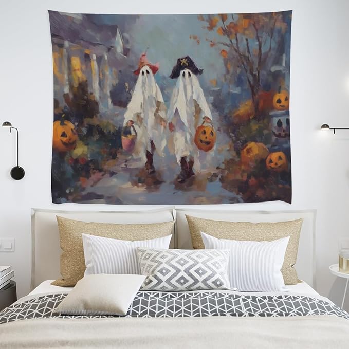 Funny Halloween Ghost Tapestry Wall Hanging Cute Kids Nursery Room Decor Trick or Treat Art Print Goth Fall Pumpkin Ghost Tapestries for Living Room Bedroom wall Decor 30x40inch
