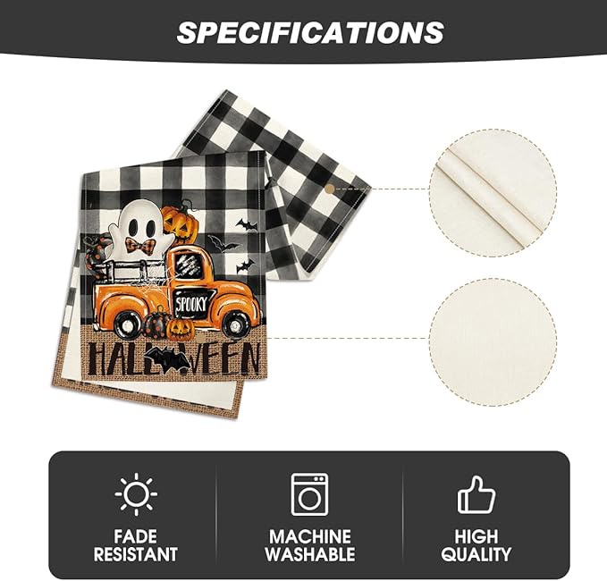 Artoid Mode Buffalo Plaid Bat Pumpkin Ghost Truck Spooky Halloween Table Runner, Sensonal Kitchen Dining Table Decoration for Home Party Decor 13x90 Inch