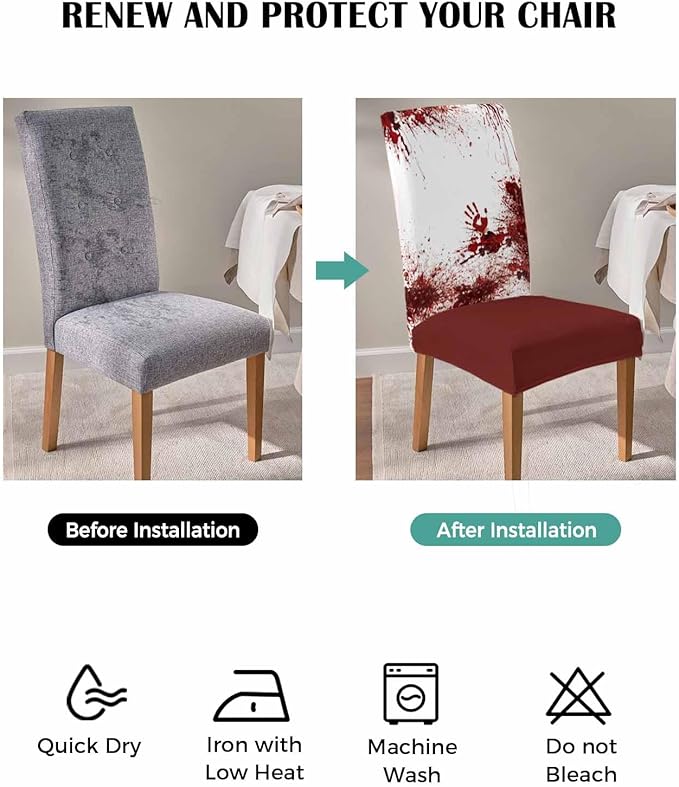 6 Pcs Dining Chair Covers Stretch Spandex Slipcovers Halloween Horror Bloody Handprint Removable Washable Dining Room Seat Cover Cushion Protector for Home Hotel Banquet Decor Red Blood White