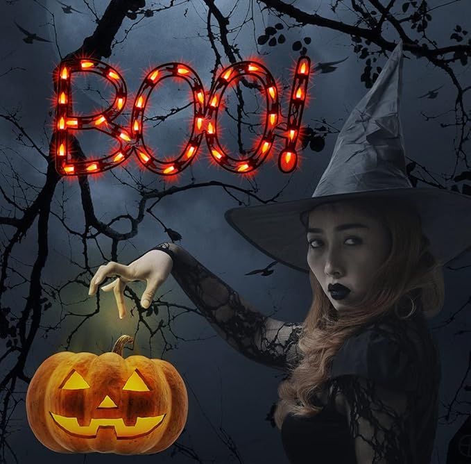 13.3" Lighted Boo Halloween Window Silhouette Decoration,Halloween Lighted Window Decoration,Hanging Light Up Holiday Ornament