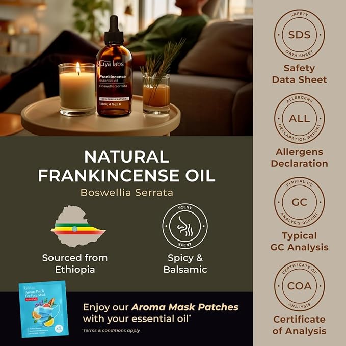 Gya Labs Frankincense Essential Oil - Huge 4 Fl Oz - 100% Pure Natural Frankincense Oil for Skin, Face, Body, Massages - Premium Grade for Wellness, Comfort & Candle Making Scent