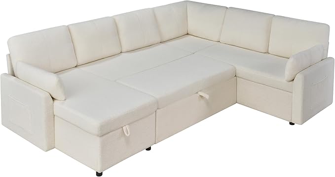 VanAcc Pull Out Sofa, 112 Inch Oversized U Shape Sleeper Sofa Couch with Storage Chaise & 3 Seater, Comfy Couch with Pull Out Bed for Living Room, White Boucle