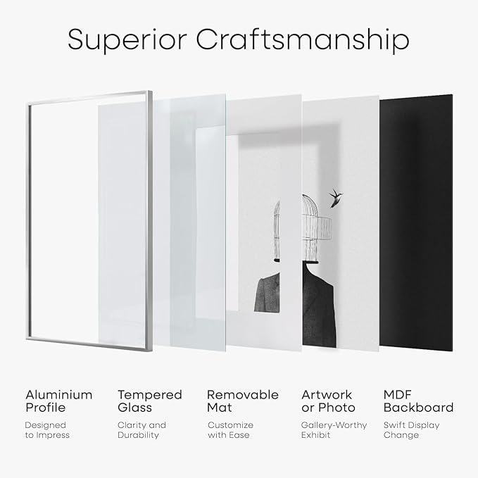Homeforia A3 Picture Frame Silver, High End Metal 11.7 x 16.5 inch Poster Frames with Mat 8.3 by 11.7 for Photo, A3 Size Frames Matted to A4 Art, 11.7x16.5 Wall Hanging Frame, Tempered Glass, Set of 1