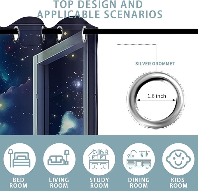 Space Galaxy Blackout Curtains for Girls Boys Kids Home Decor, Universe Nebula Galaxies Solar Planet Grommet Thermal Insulated Drapes Darkening Window Curtain for Bedroom Living Room, 55 x 63 Inch
